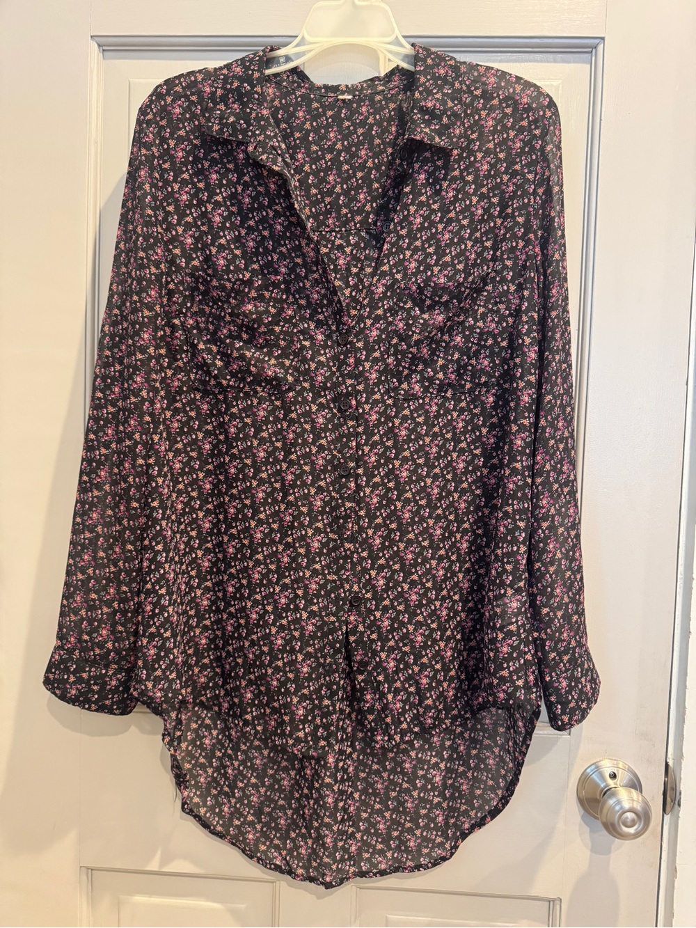 Xhilaration brand sheer floral tunic blouse featuring a button-down front.